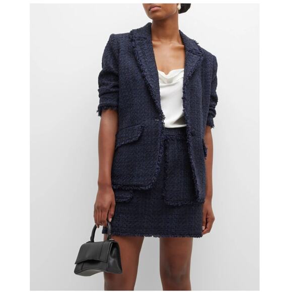 Cinq a Sept Erin Scrunched-Sleeve Bouclé-knit Navy Fringe Blazer Size 8 NWT - Picture 1 of 10